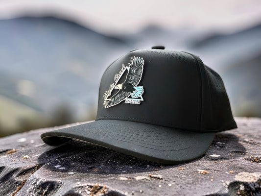 Premium Black cap with Eagle Creek Studio Elevation Design on a textured surface
