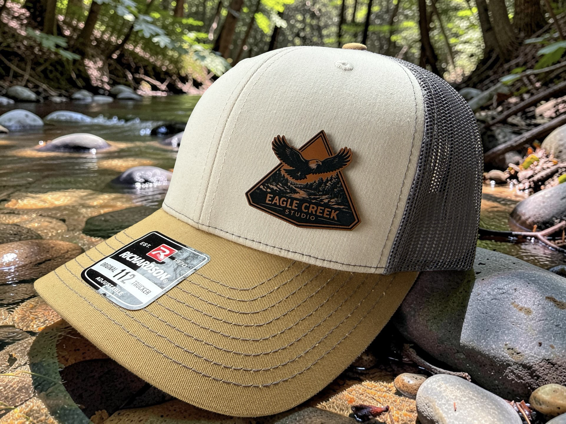 Custom standard leatherette patch hat with engraved design example- Eagle Creek Studio 