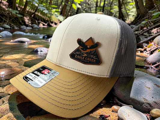 Custom standard leatherette patch hat with engraved design example- Eagle Creek Studio 