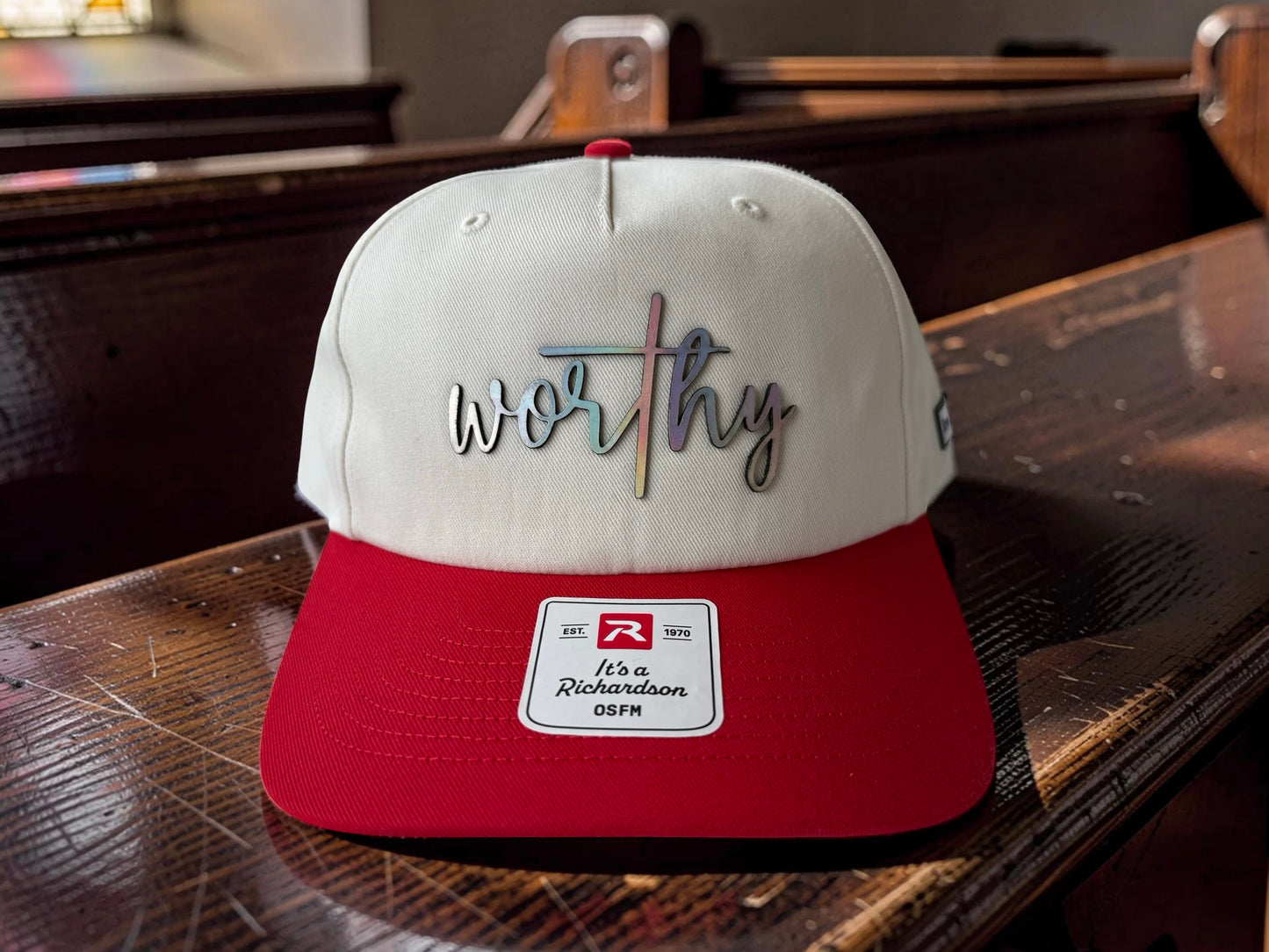 Worthy hat cream and red colorway leatherette patch design